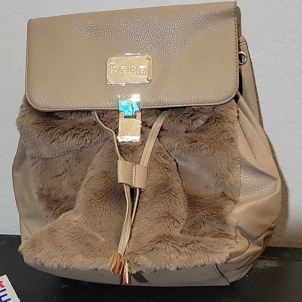 BEBE Dorothea Backpack Taupe Fuax Fur